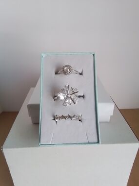 White Gold Plated Clear Crystal Flower Ring Set, Size 9